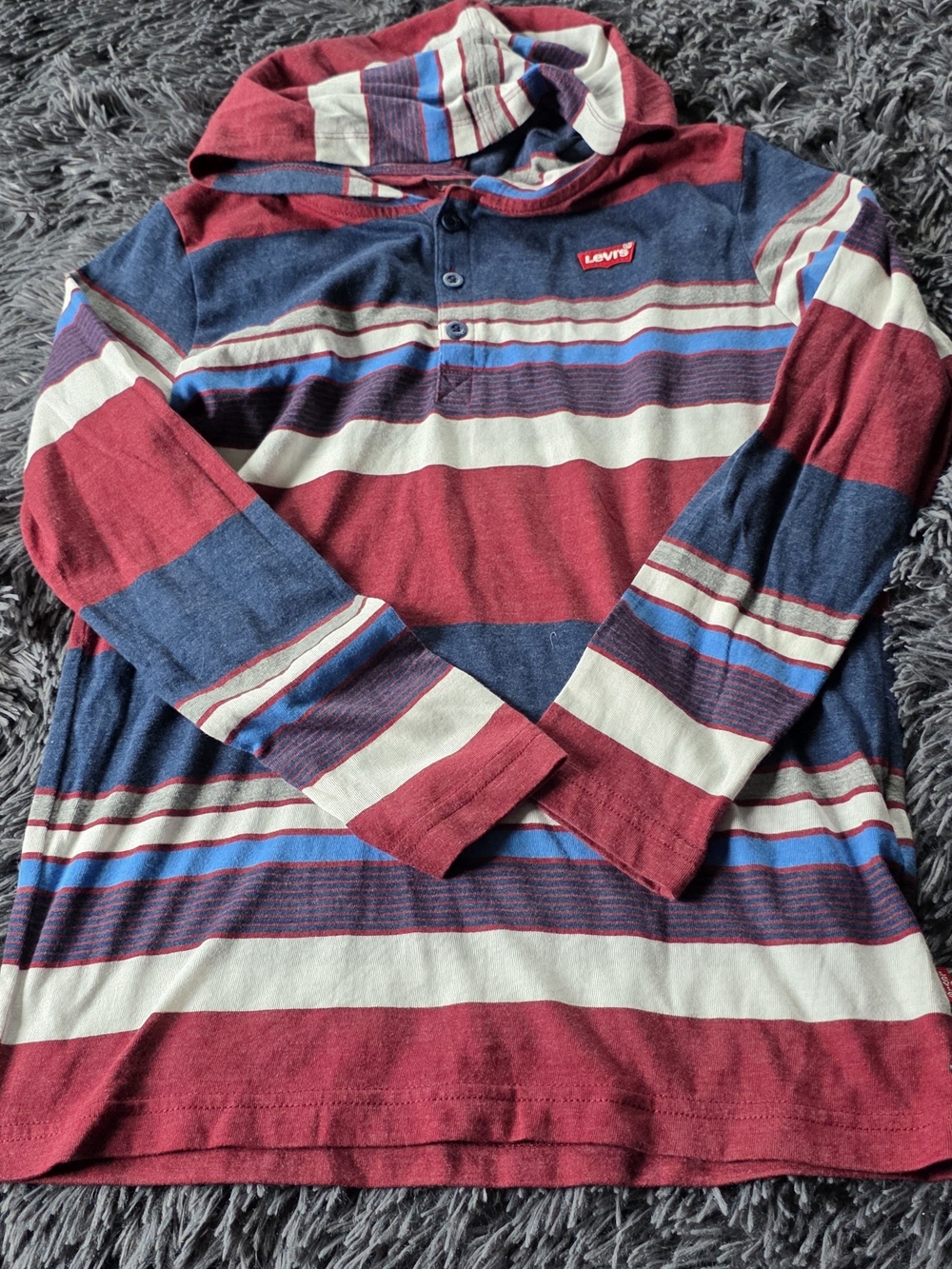 Levi's Burgundy, Navy & White Striped Hooded Long-Sleeve Tee